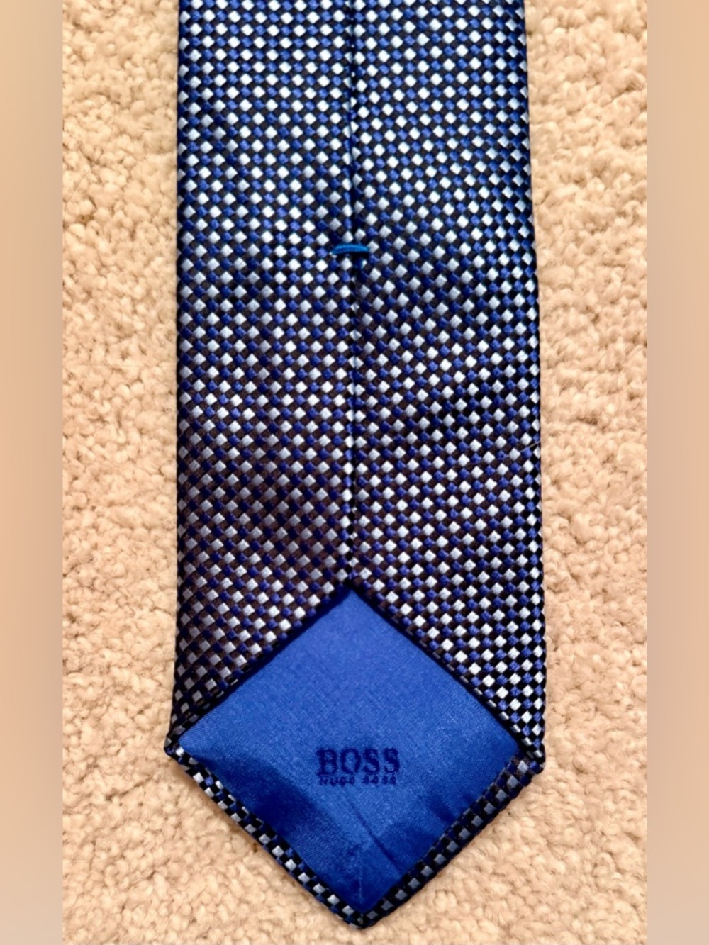BOSS Italy Blue-Black-White Jacquard-Woven Geometric 100% Silk Men’s Necktie - Picture 7 of 11